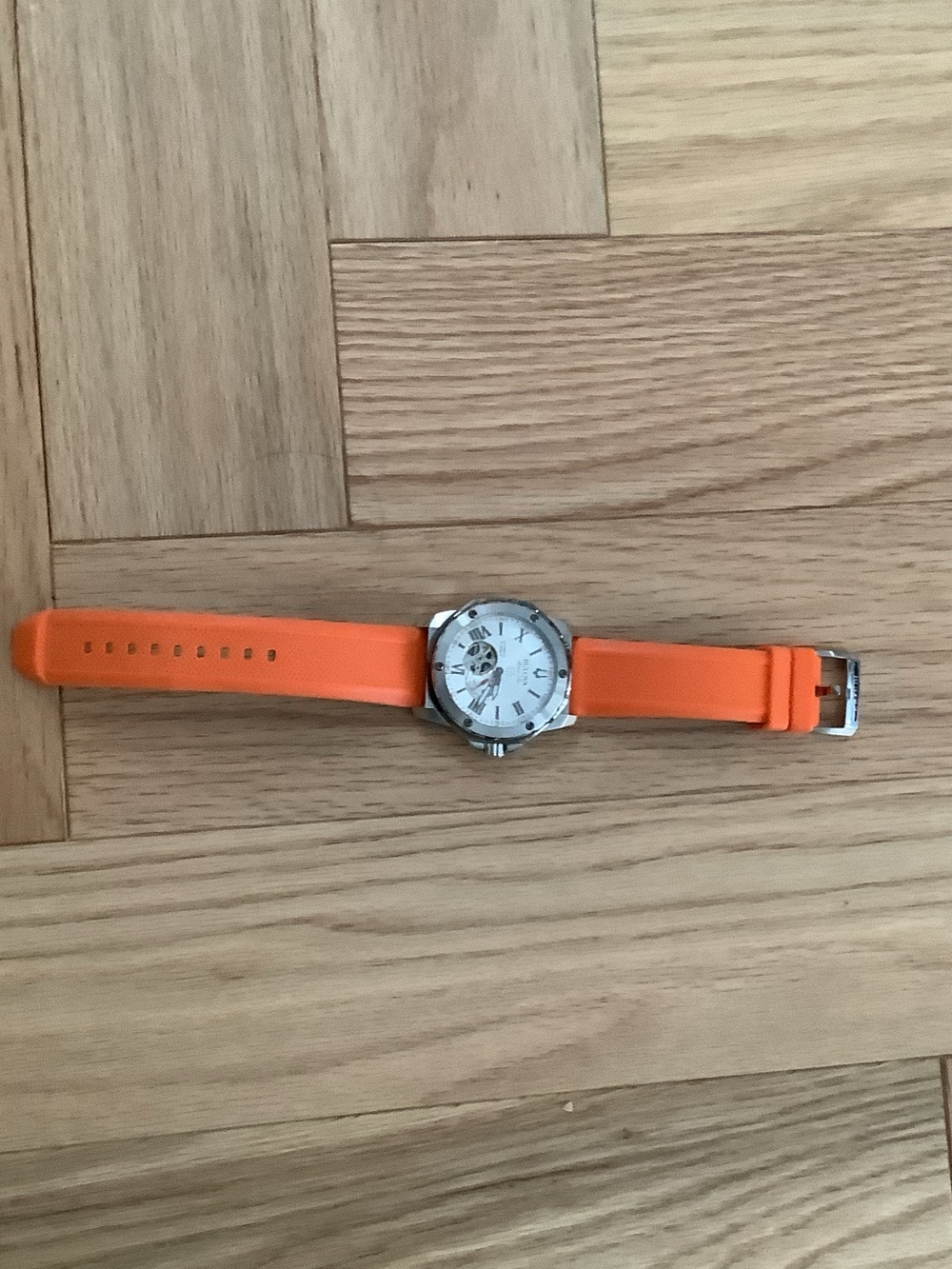 Bulova Men's Watch with Orange Silicone Strap and Silver Case